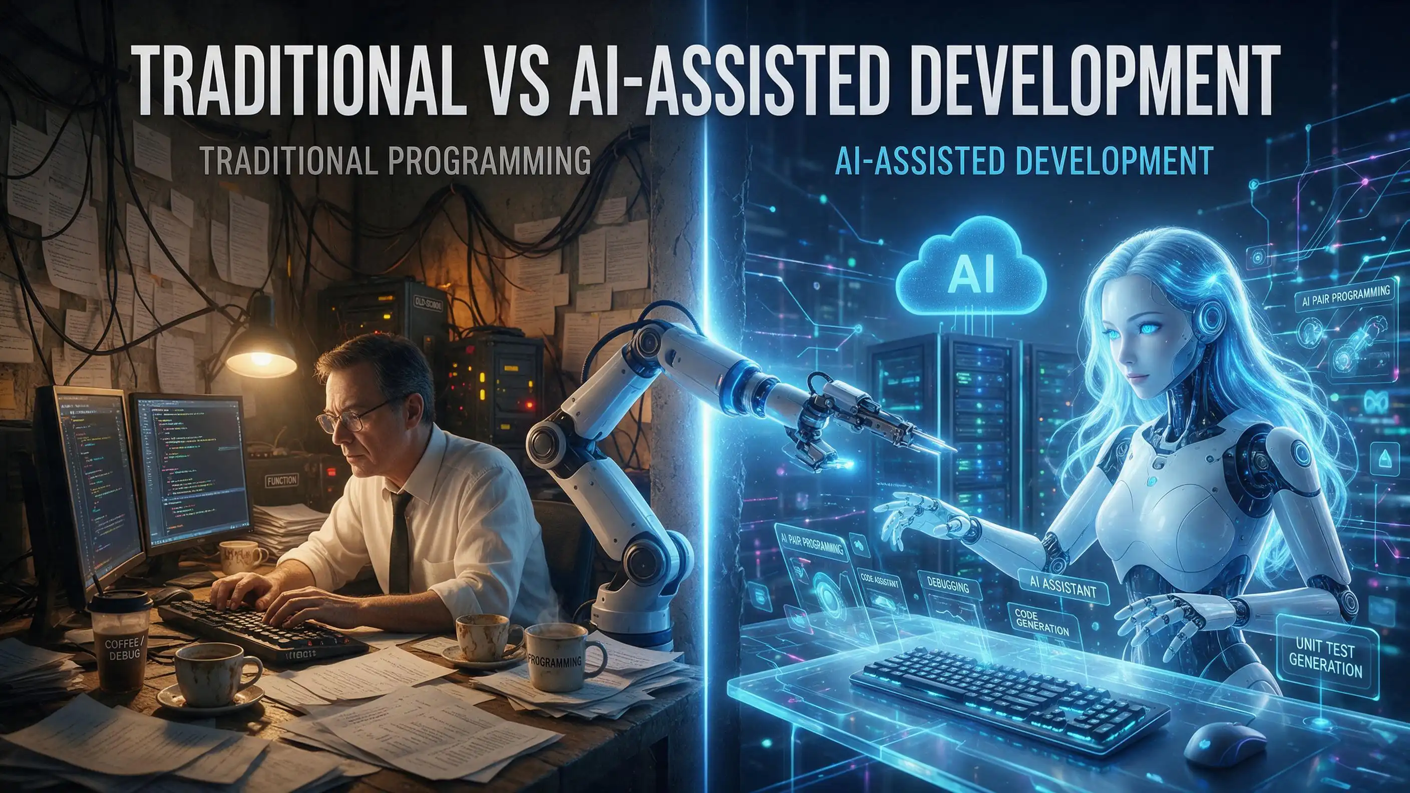 مقایسه برنامه‌نویسی سنتی و توسعه به کمک هوش مصنوعی (AI-assisted Development)