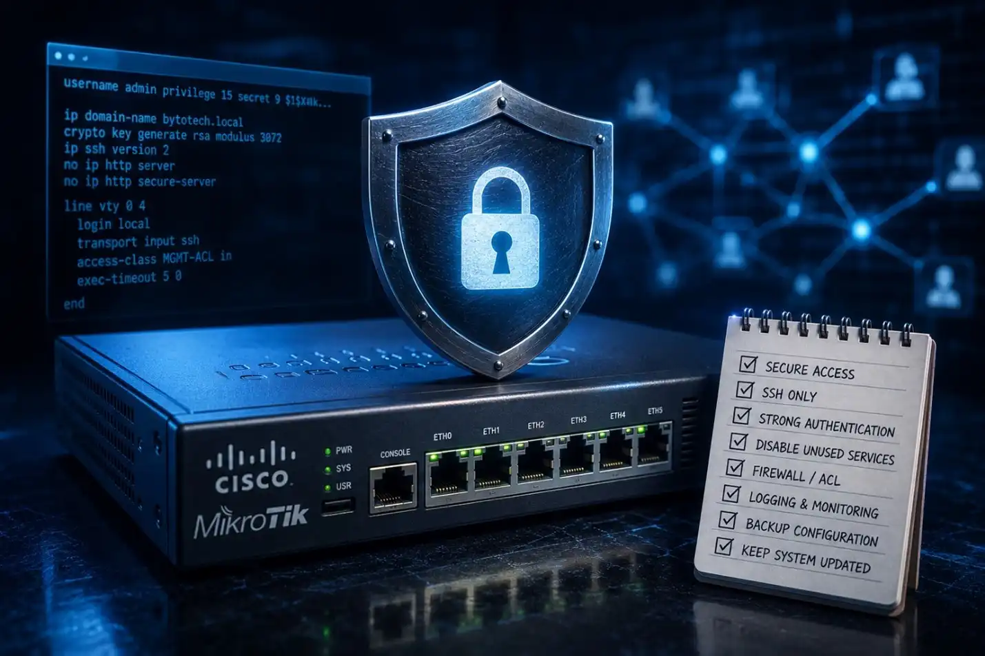 دستورات کاربردی و چک ‌لیست جامع امن‌سازی روترهای Cisco و MikroTik
